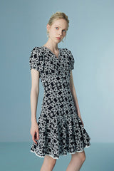 Lace V Neck Puff Sleeve Short Casual Summer Holiday Dress