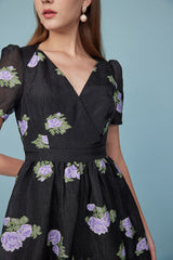 Black V Neck Embroidered Midi A Line Short Sleeve Casual Summer Dress