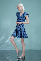 Blue Floral Mini V Neck Summer Holiday Dress