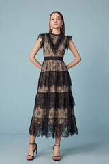 Black Lace Tiered Midi Casual Summer Boho Dress