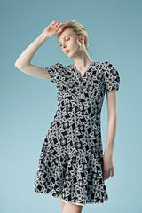 Lace V Neck Puff Sleeve Short Casual Summer Holiday Dress