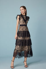 Black Lace Tiered Midi Casual Summer Boho Dress