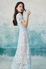 Blue Midi Lace A Line Casual Summer Holiday Dress