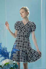 Lace V Neck Puff Sleeve Short Casual Summer Holiday Dress