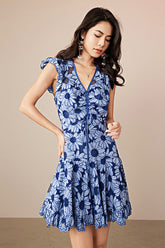 Blue Floral Short A Line Summer Dress