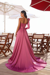 Elegant One Shoulder Long Sleeve Prom Dress With Slit