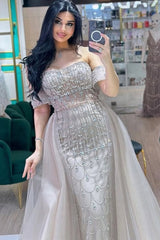Strapless Beaded Formal Dress Off the Shoulder Evening Gown With Detachable Train