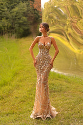 Champagne Prom Dress Spaghetti Straps Rhinestones Mermaid Formal Dress