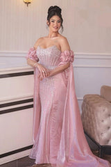 Strapless Formal Dress Pink Sheath/Column Beaded Prom Evening Gown with Sleeve Train