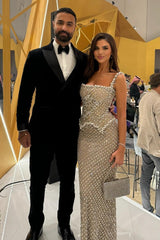 Silver Square Neck Formal Dress Beaded Rhinestones Prom Evening Gown