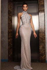 Halter Formal Dress Silver Beaded Sheath/Column Evening Gown