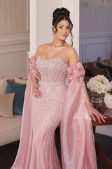 Strapless Formal Dress Pink Sheath/Column Beaded Prom Evening Gown with Sleeve Train