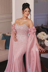 Strapless Formal Dress Pink Sheath/Column Beaded Prom Evening Gown with Sleeve Train