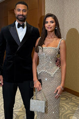 Silver Square Neck Formal Dress Beaded Rhinestones Prom Evening Gown