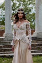 Long Sleeve Formal Dress Off The Shoulder Evening Gown with 3D Flowers