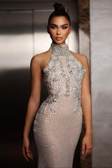Halter Formal Dress Silver Beaded Sheath/Column Evening Gown