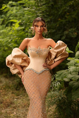 Strapless Formal Dress Mermaid Beaded Evening Gown with Sleeves