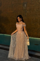 Pink Off The Shoulder Beaded Formal Dress Sequined Tulle A Line Prom Evening Gown
