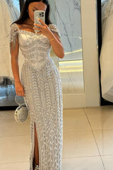 Beaded Formal Dress Sheath/Column Cap Sleeve Evening Gown