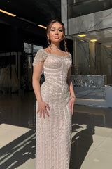 Beaded Formal Dress Sheath/Column Cap Sleeve Evening Gown