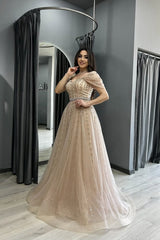 A Line Formal Dress Off the Shoulder Beaded Prom Evening Gown