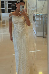 Beaded Formal Dress Sheath/Column Cap Sleeve Evening Gown