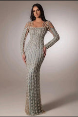 Silver Long Sleeve Formal Dress Beaded Rhinestones Prom Evening Gown