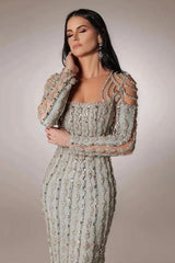 Silver Long Sleeve Formal Dress Beaded Rhinestones Prom Evening Gown