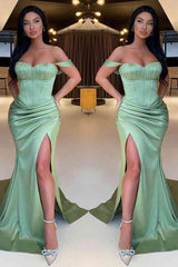 Gorgeous Sage Green Off The Shoulder Prom Dress Mermaid Slit