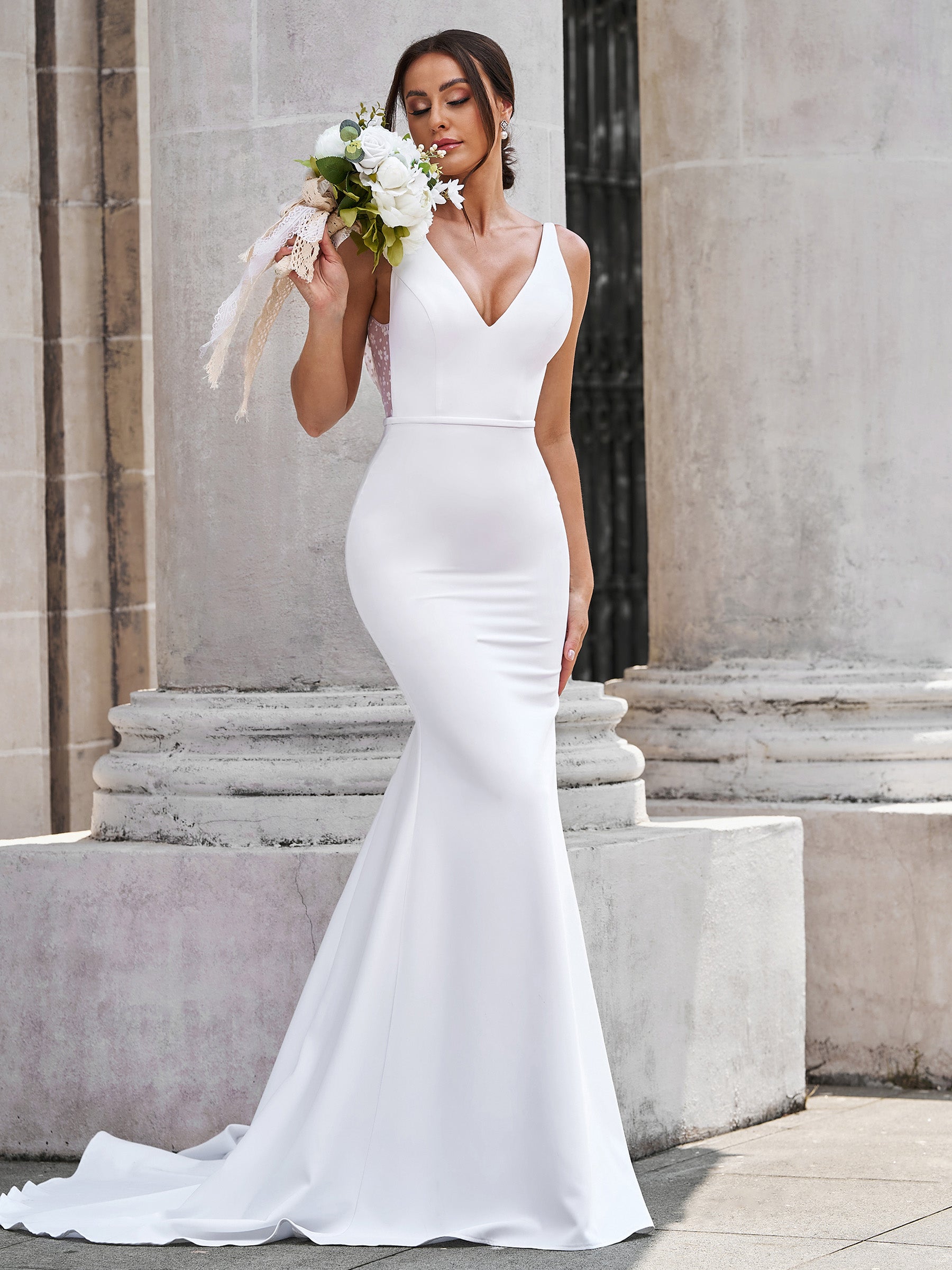 Sheath V-neck Appliques Lace Court Train Stretch Crepe Wedding Dress