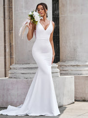 Sheath V-neck Appliques Lace Court Train Stretch Crepe Wedding Dress