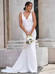 Sheath V-neck Appliques Lace Court Train Stretch Crepe Wedding Dress