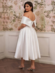 A-line Off-the-Shoulder Pleated Tea-Length Satin Corset Plus Size Wedding Dress