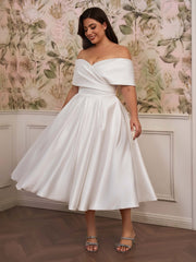 A-line Off-the-Shoulder Pleated Tea-Length Satin Corset Plus Size Wedding Dress