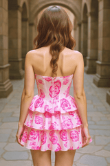 Sweetheart Pink Floral Homecoming Dress Corset Beaded Short Cocktail Dress