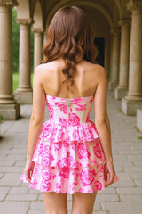 Sweetheart Pink Floral Homecoming Dress Corset Tiered Short Cocktail Dress