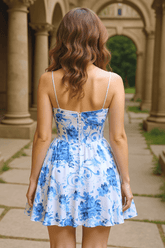 Blue Floral Homecoming Dress Spaghetti Straps Short Cocktail Dress