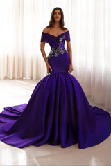 Purple Off The Shoulder Formal Dress Satin Mermaid Prom Dress with Rhinestones