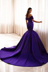 Purple Off The Shoulder Formal Dress Satin Mermaid Prom Dress with Rhinestones