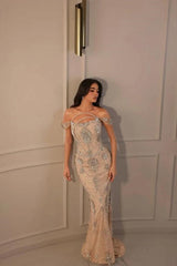 Off The Shoulder Formal Dress Beaded Tulle Sheath/Column Prom Dress