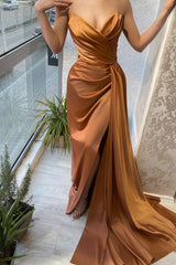 Mermaid Strapless Sweetheart Floor Length Multiple Layers Sleeveless Open Back Side Train High Split Prom Dress