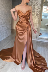 Mermaid Strapless Sweetheart Floor Length Multiple Layers Sleeveless Open Back Side Train High Split Prom Dress