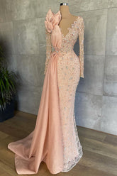 Mermaid V Neck Beading Sequined Floor Length Long Sleeve Appliques Lace Flower Prom Dress