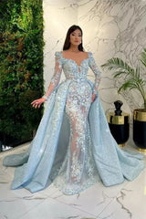 Mermaid V Neck Long Sleeve Lace Applique Floor Length Detachable Train Prom Dress