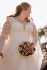 Dreamyannie Beach Plus Size Wedding Dress Long Sleeve Lace A Line Boho Bridal Gown