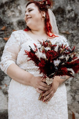 Dreamyannie Plus Size Wedding Dress 3/4 Sleeve Tulle Mermaid Bridal Gown with Lace Appliques