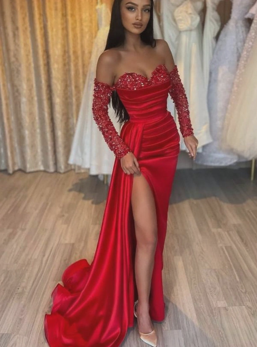 Gold Evening Dress Off the Shoulder Long Sleeves Sequin Satin Prom Dress