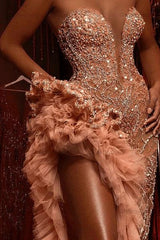 Dreamyannie Mermaid Prom Dress Beading Sleeveless Long Split Evening Dress With Ruffles