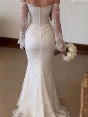 Sheath Off-the-Shoulder Long Sleeves Appliques Lace Sweep Train Lace Corset Wedding Dress