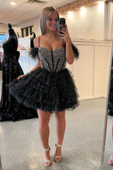 Sparkly Black Beaded Corset Ruffled Short Homecoming Dress With Feathers